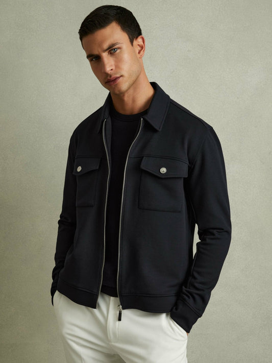 Interlock Jersey Zip-Through Jacket in Navy Blue Men | Reiss