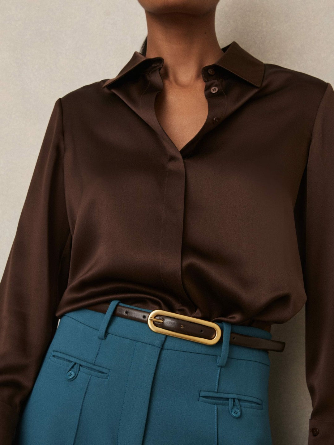 Thin Leather Elongated Buckle Belt in Chocolate Women | Reiss
