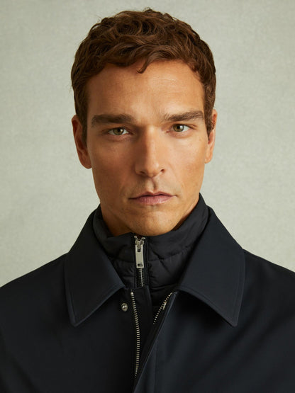 Hybrid Removable Funnel Neck Overcoat in Navy Men | Reiss