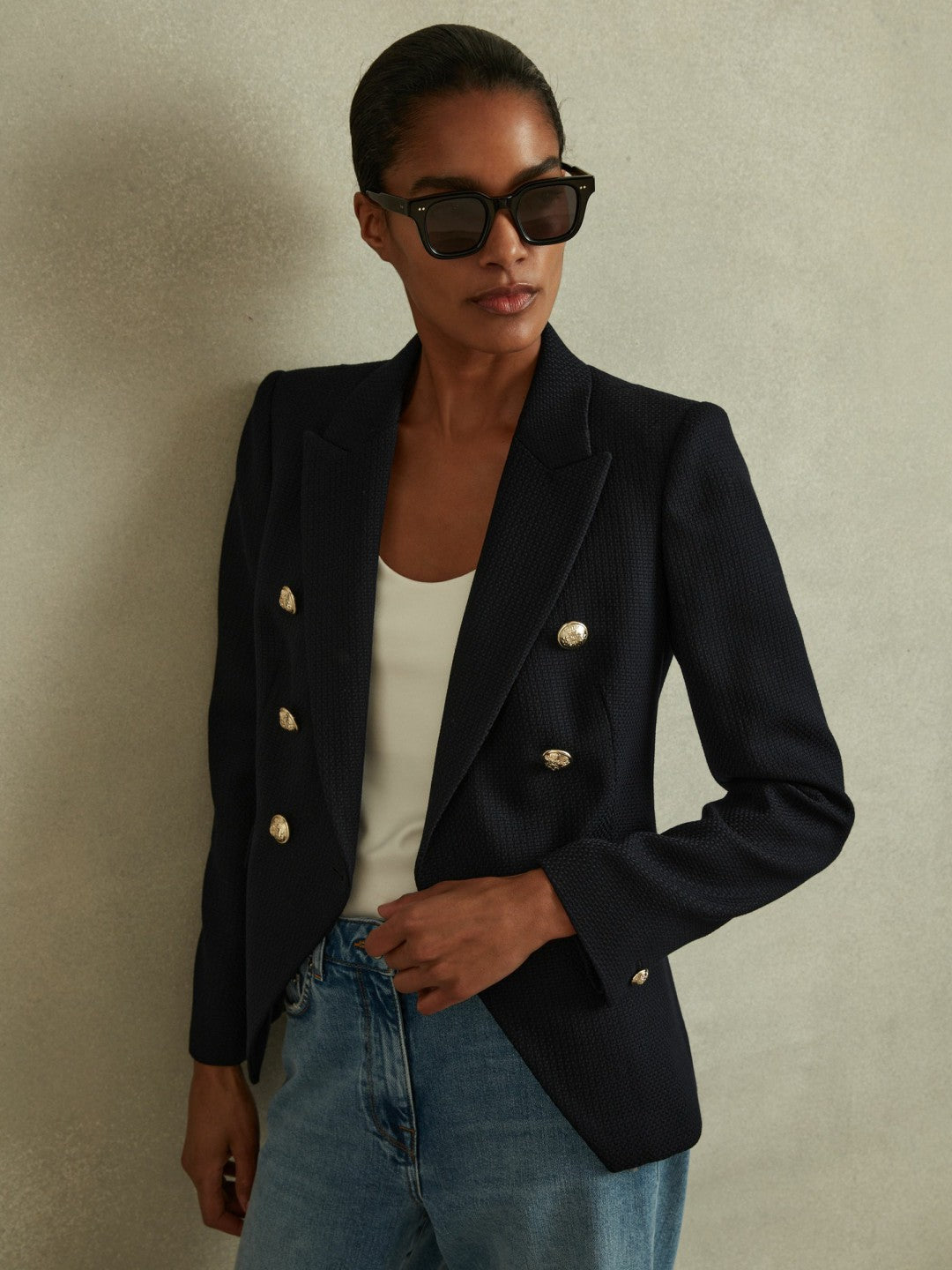 Petite Tailored Fit Textured Double Breasted Blazer in Navy Women | Reiss