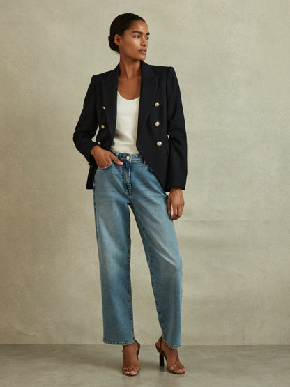 Petite Tailored Fit Textured Double Breasted Blazer in Navy Women | Reiss