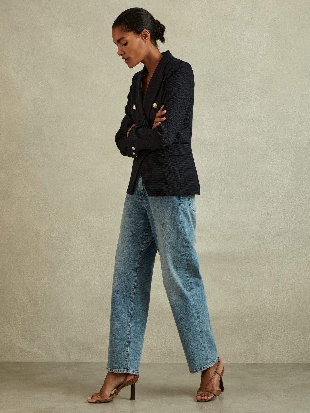 Petite Tailored Fit Textured Double Breasted Blazer in Navy Women | Reiss