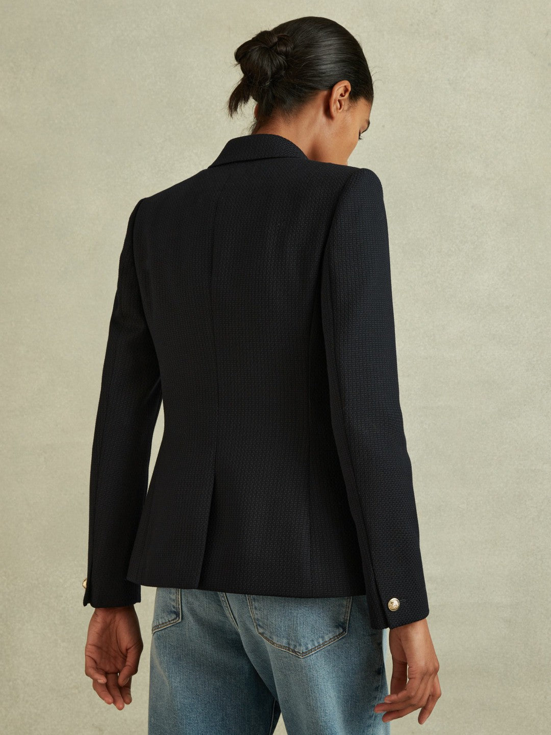Petite Tailored Fit Textured Double Breasted Blazer in Navy Women | Reiss