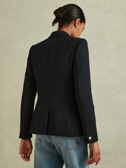 Petite Tailored Fit Textured Double Breasted Blazer in Navy Women | Reiss