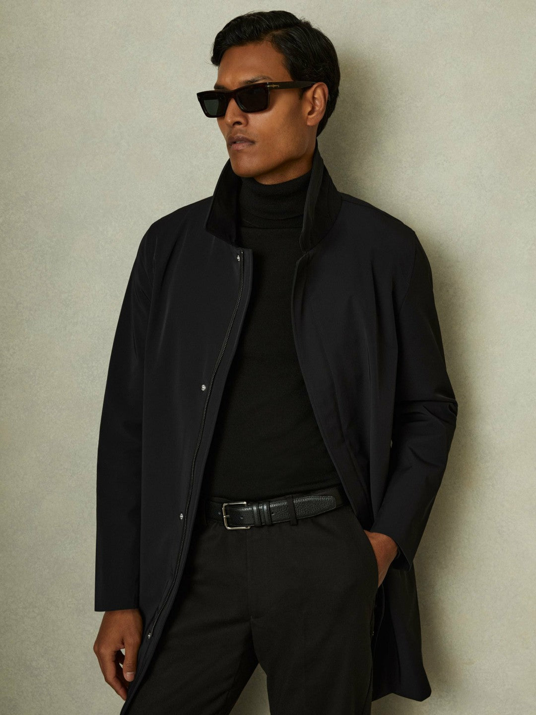 Hybrid Removable Funnel Neck Overcoat in Black Men | Reiss