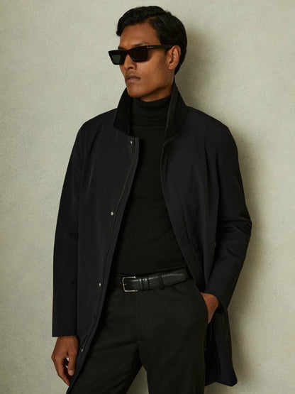 Hybrid Removable Funnel Neck Overcoat in Black Men | Reiss