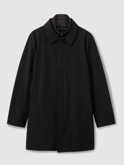 Hybrid Removable Funnel Neck Overcoat in Black Men | Reiss