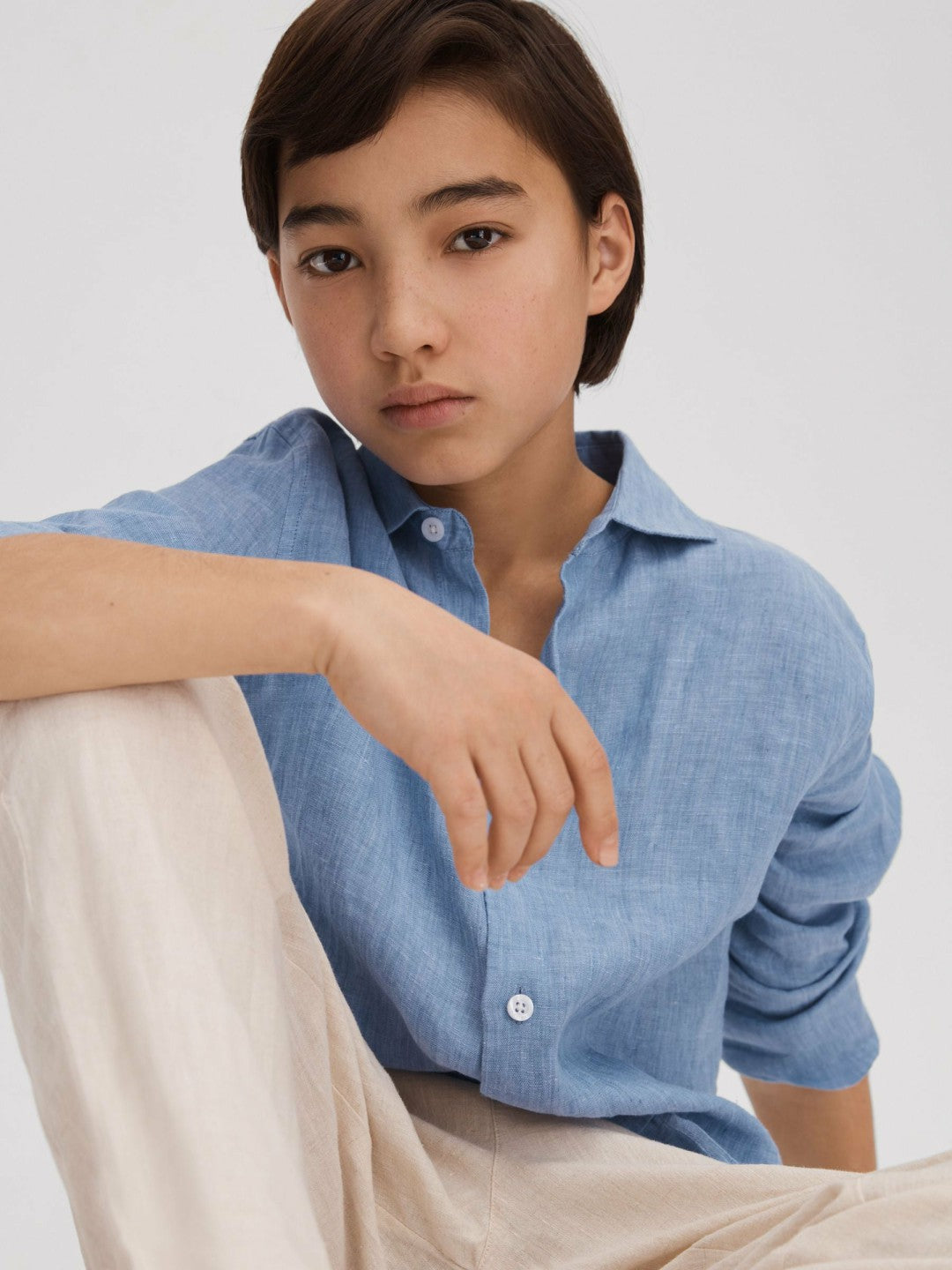 3-9 yrs Linen Cutaway Collar Shirt in Sky Blue Children & Baby | Reiss