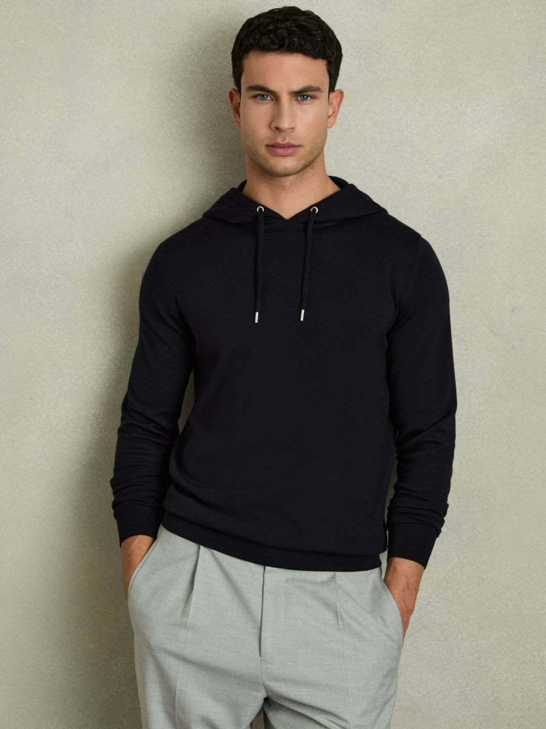 Merino Wool Drawstring Hoodie in Navy Men | Reiss