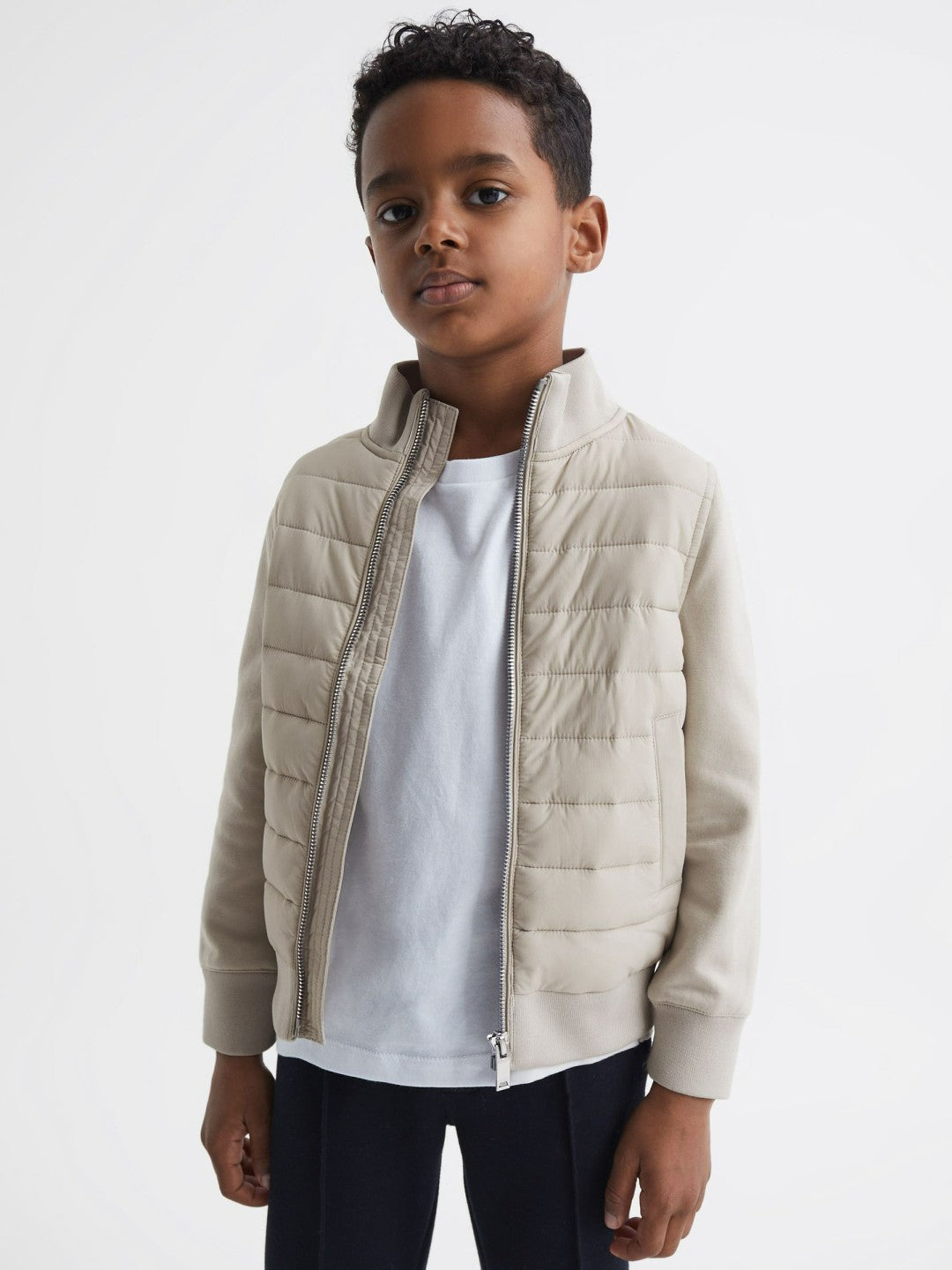 3-9 yrs Funnel Neck Quilted Hybrid Jacket in Stone Children & Baby | Reiss
