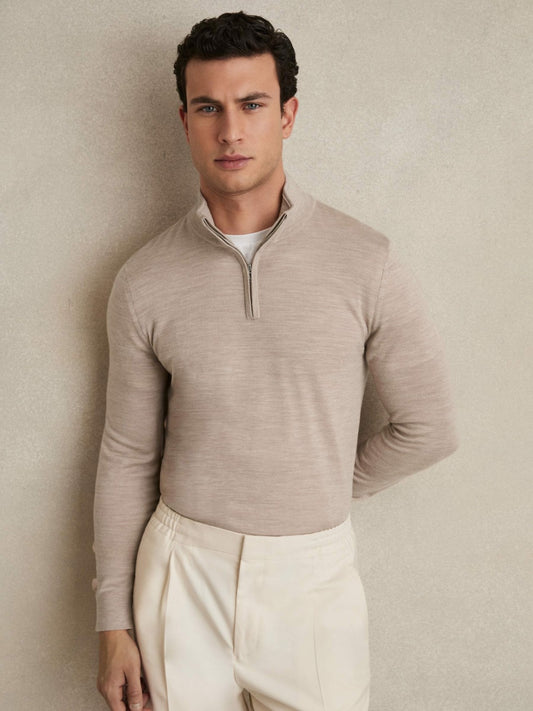 Merino Wool Half-Zip Jumper in Wheat Melange Men | Reiss