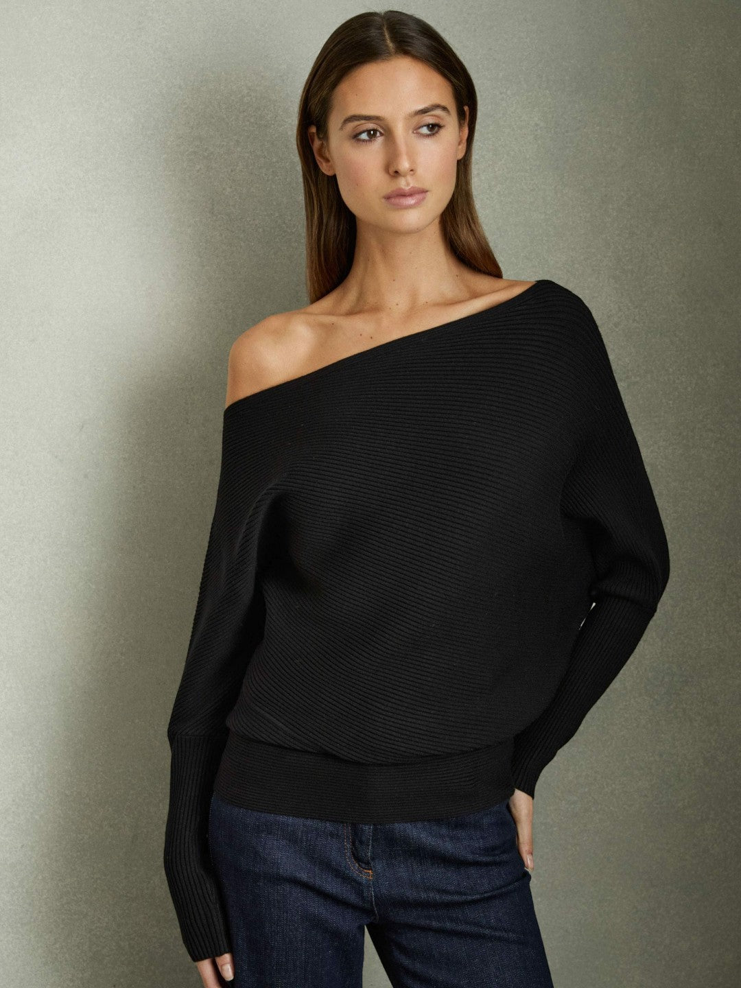 Asymmetric Draped Knitted Jumper in Black Women | Reiss
