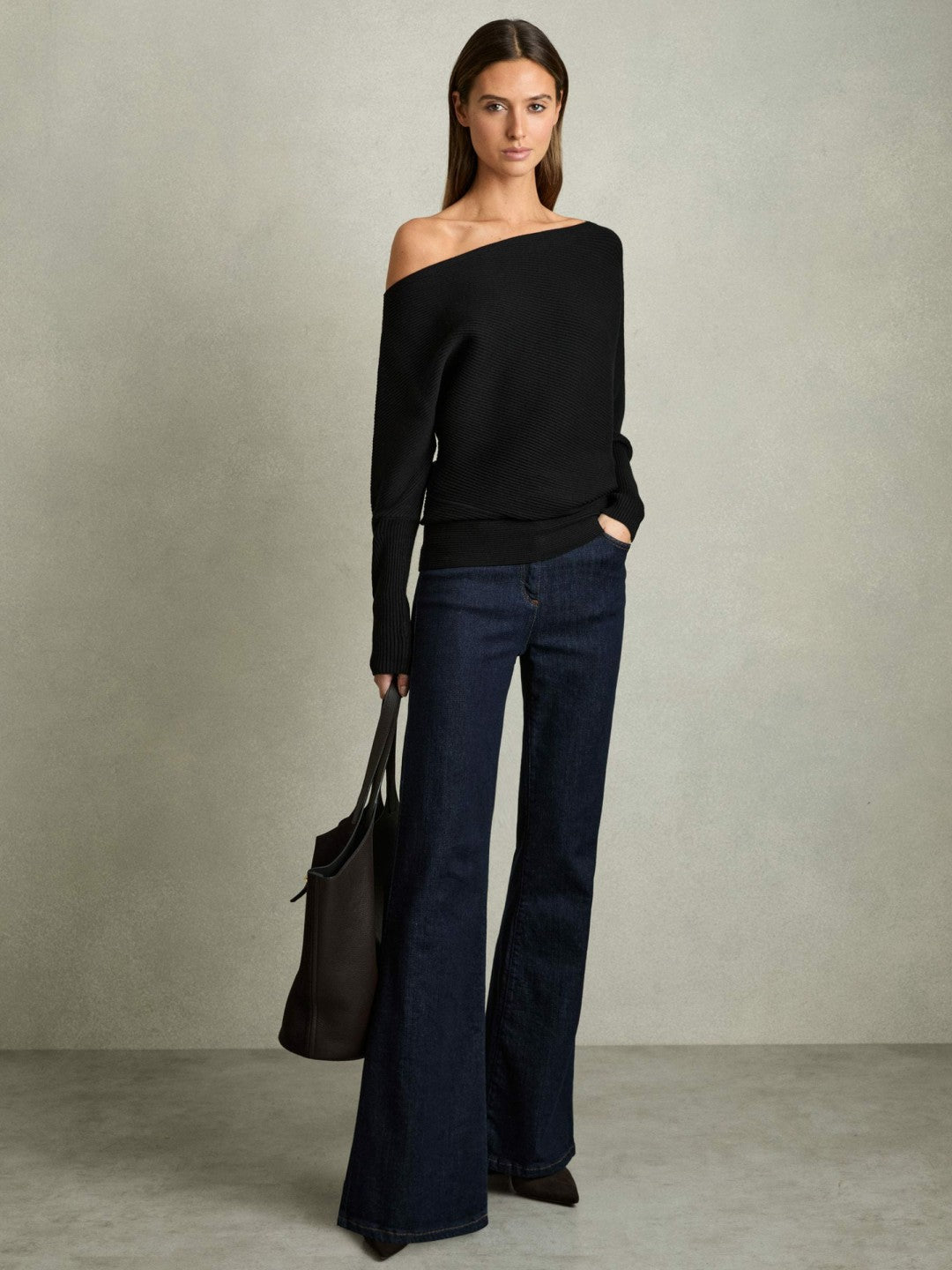 Asymmetric Draped Knitted Jumper in Black Women | Reiss