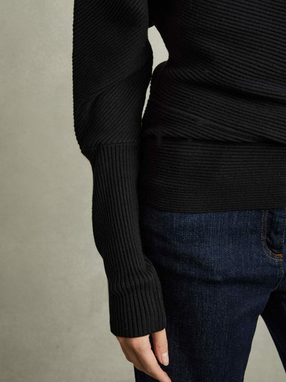 Asymmetric Draped Knitted Jumper in Black Women | Reiss