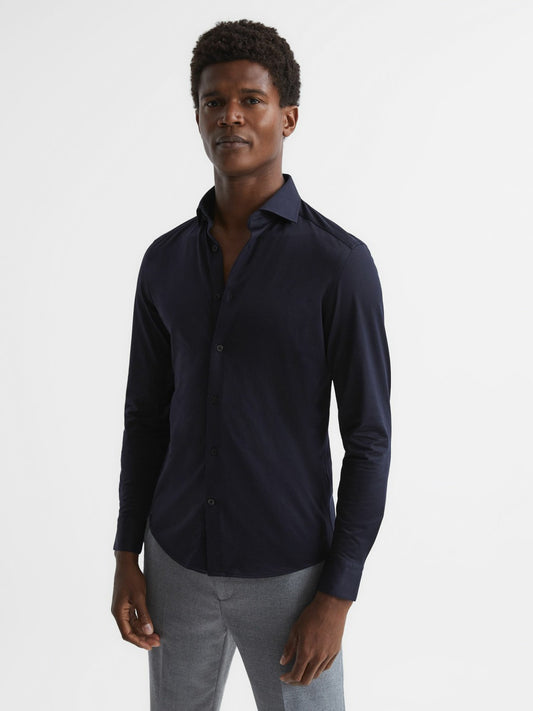 Cotton-Blend Jersey Cutaway-Collar Shirt in Navy Men | Reiss