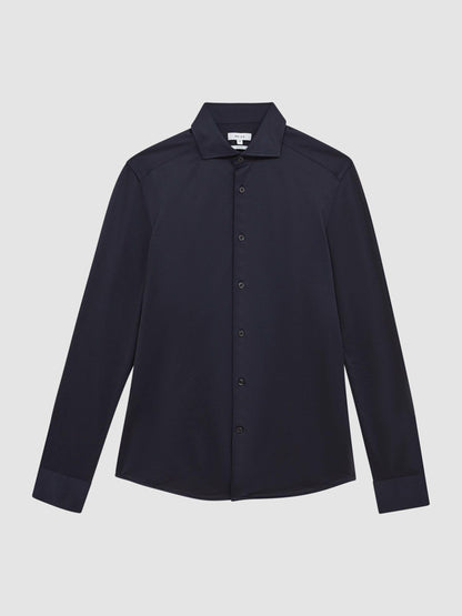 Cotton-Blend Jersey Cutaway-Collar Shirt in Navy Men | Reiss