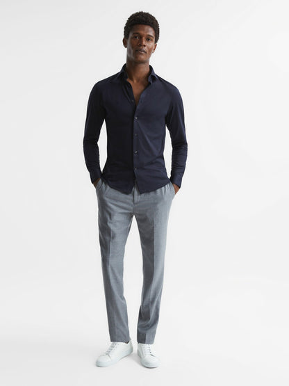 Cotton-Blend Jersey Cutaway-Collar Shirt in Navy Men | Reiss