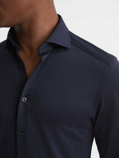 Cotton-Blend Jersey Cutaway-Collar Shirt in Navy Men | Reiss
