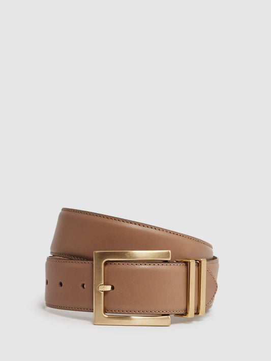 Leather Square Buckle Belt in Camel/Taupe Women | Reiss