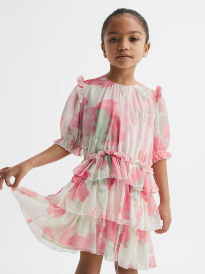 4-9 yrs Printed Tiered Dress in Pink Print Children & Baby | Reiss