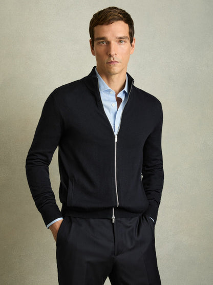 Merino Wool Zip-Through Cardigan in Navy Men | Reiss
