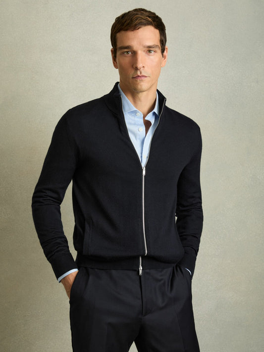 Merino Wool Zip-Through Cardigan in Navy Men | Reiss