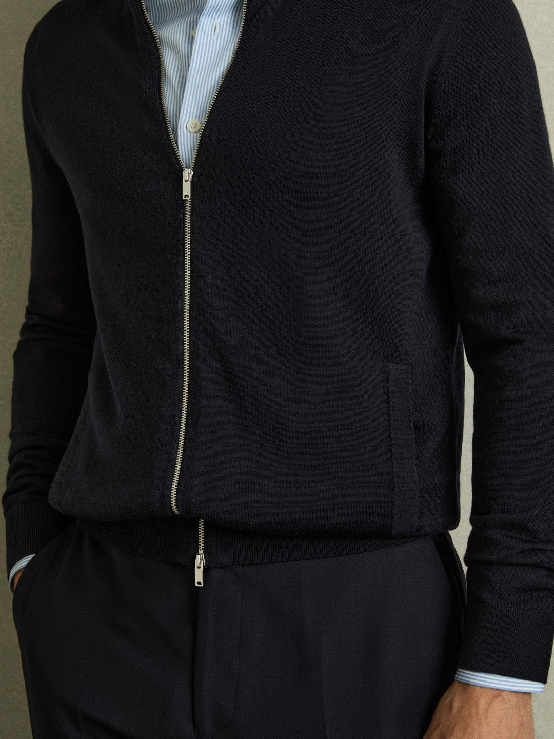 Merino Wool Zip-Through Cardigan in Navy Men | Reiss