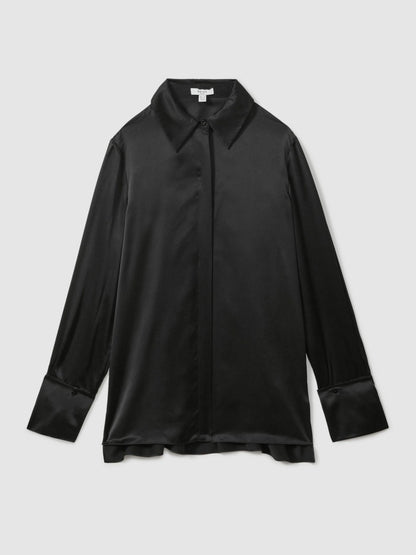 Petite Silk Double-Cuff Button-Through Shirt in Black Women | Reiss