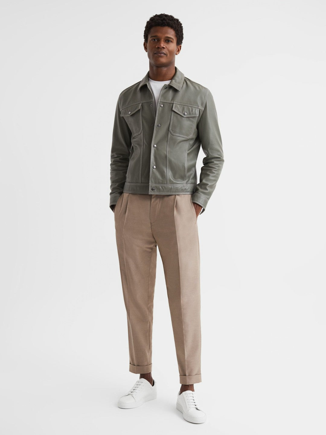 Tumbled-Leather Low-Top Trainers in White Men | Reiss