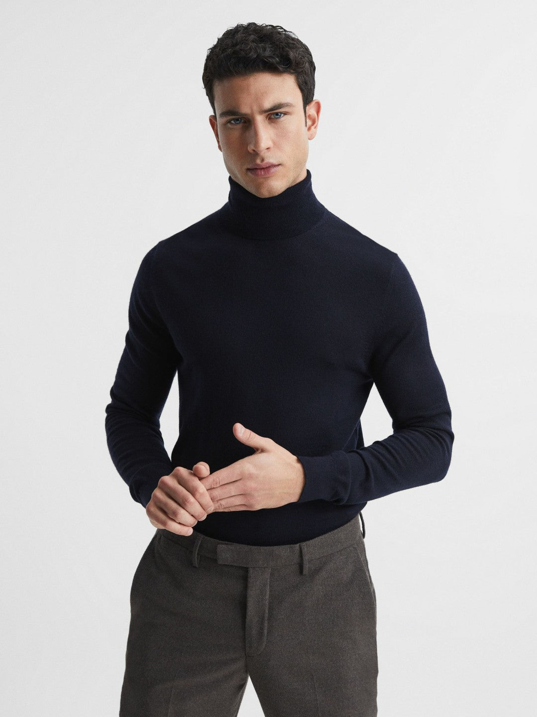 Slim Fit Merino Wool Roll Neck Jumper in Navy Men | Reiss