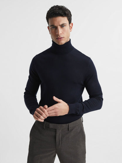 Slim Fit Merino Wool Roll Neck Jumper in Navy Men | Reiss