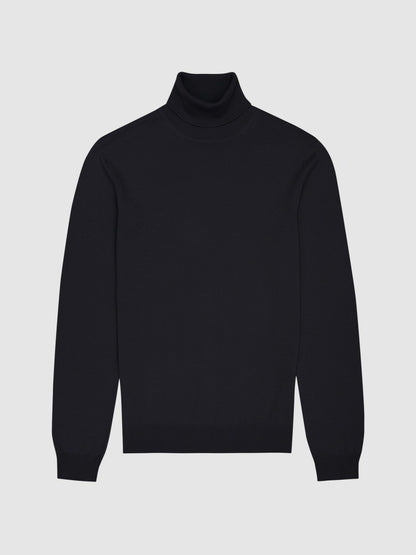 Slim Fit Merino Wool Roll Neck Jumper in Navy Men | Reiss