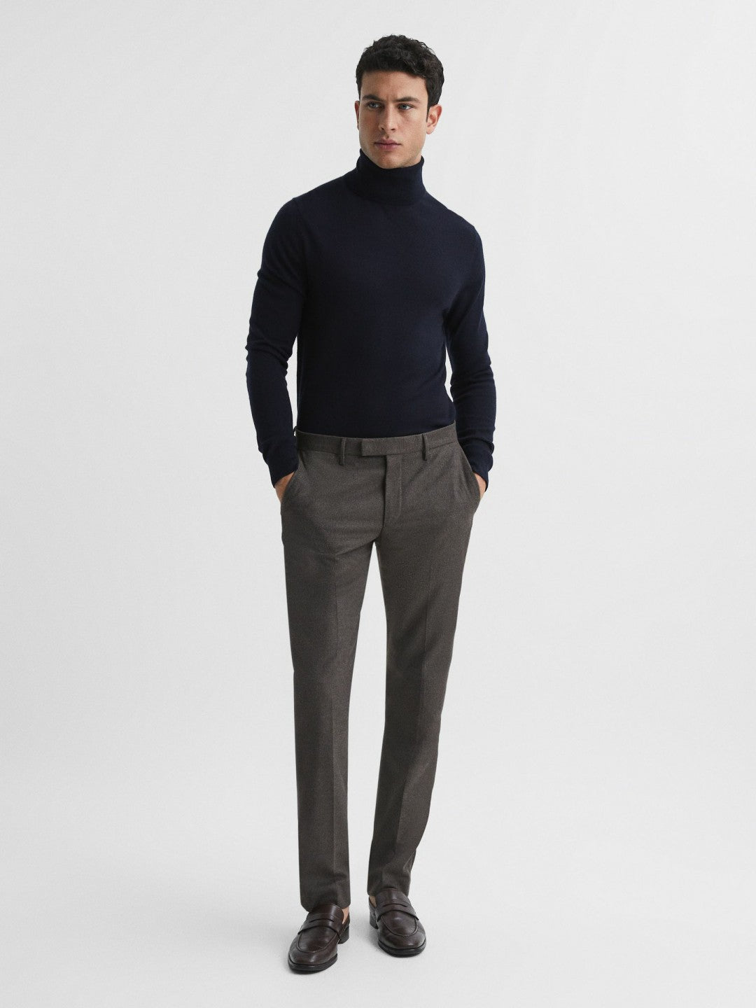 Slim Fit Merino Wool Roll Neck Jumper in Navy Men | Reiss
