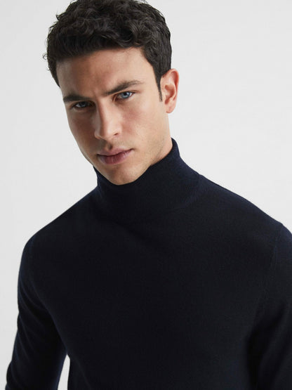 Slim Fit Merino Wool Roll Neck Jumper in Navy Men | Reiss