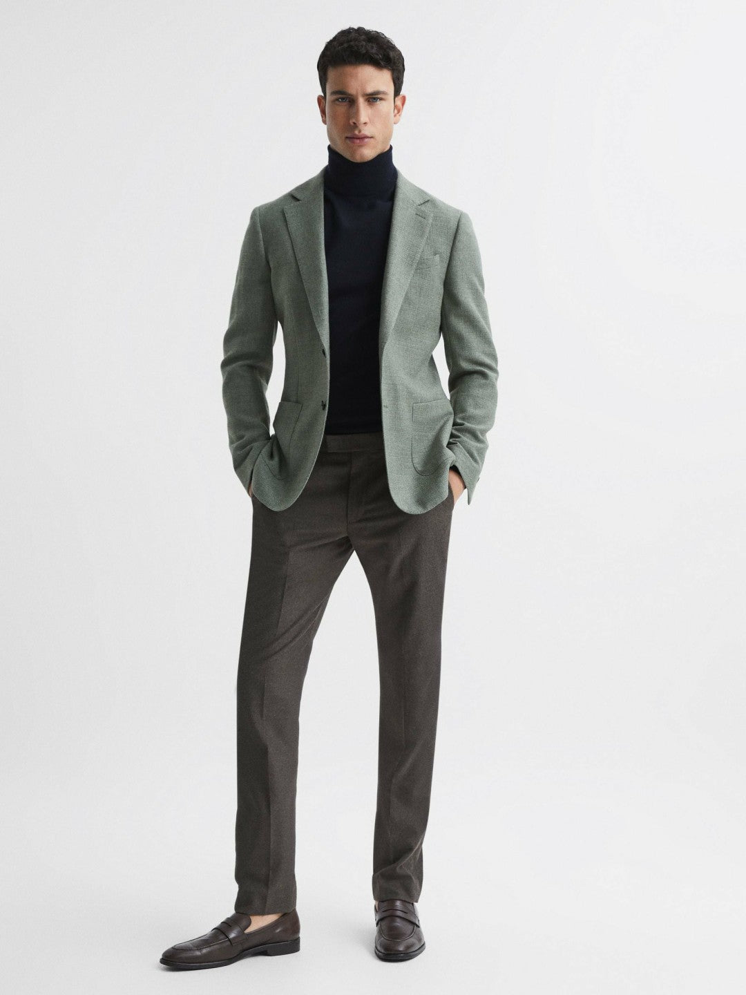 Slim Fit Merino Wool Roll Neck Jumper in Navy Men | Reiss