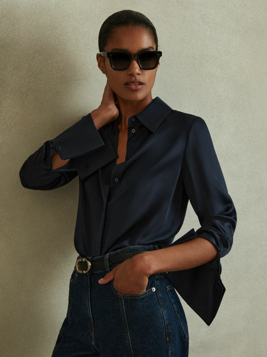 Silk Double-Cuff Button-Through Shirt in Navy Women | Reiss