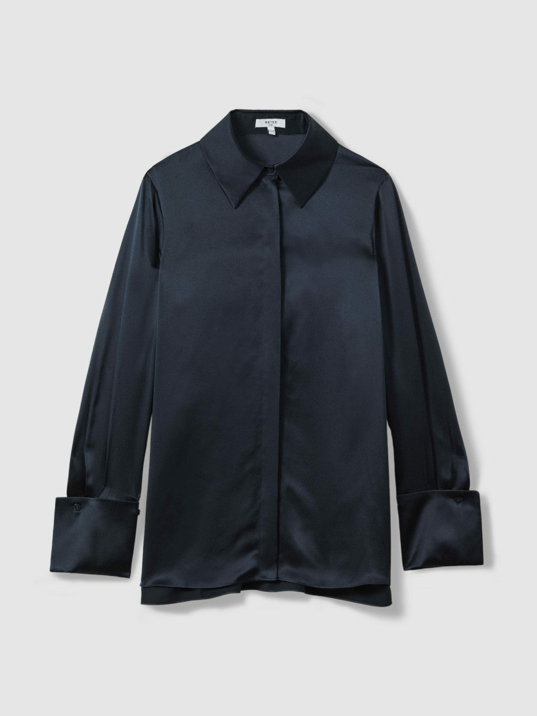 Silk Double-Cuff Button-Through Shirt in Navy Women | Reiss