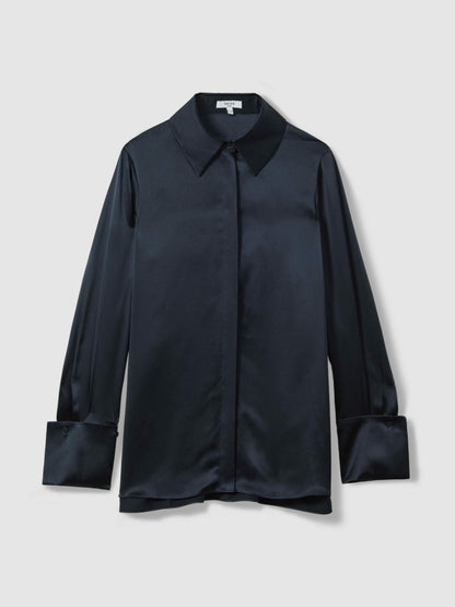 Silk Double-Cuff Button-Through Shirt in Navy Women | Reiss