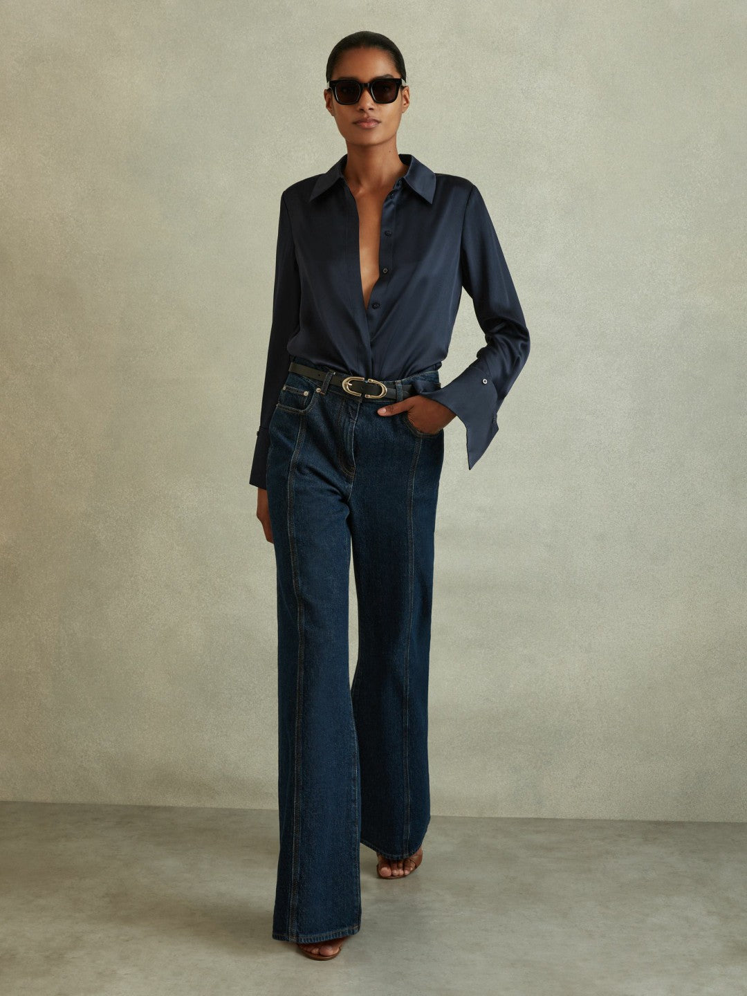 Silk Double-Cuff Button-Through Shirt in Navy Women | Reiss