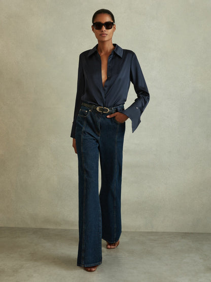 Silk Double-Cuff Button-Through Shirt in Navy Women | Reiss