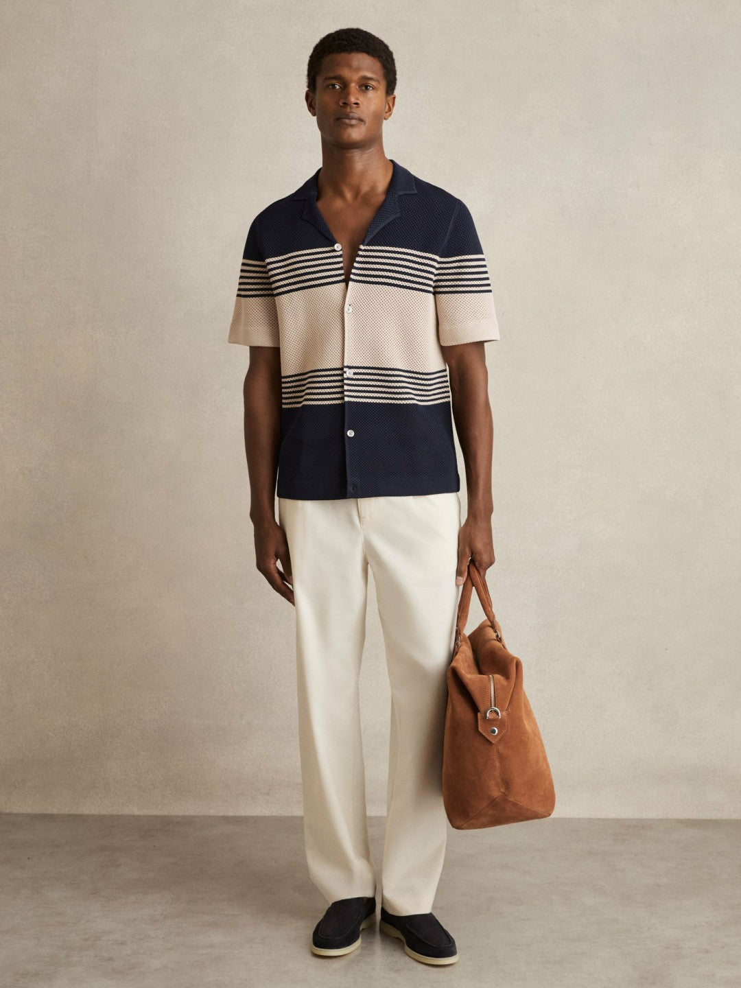 Stripe Textured-Knit Cuban-Collar Shirt in Navy/Stone Men | Reiss