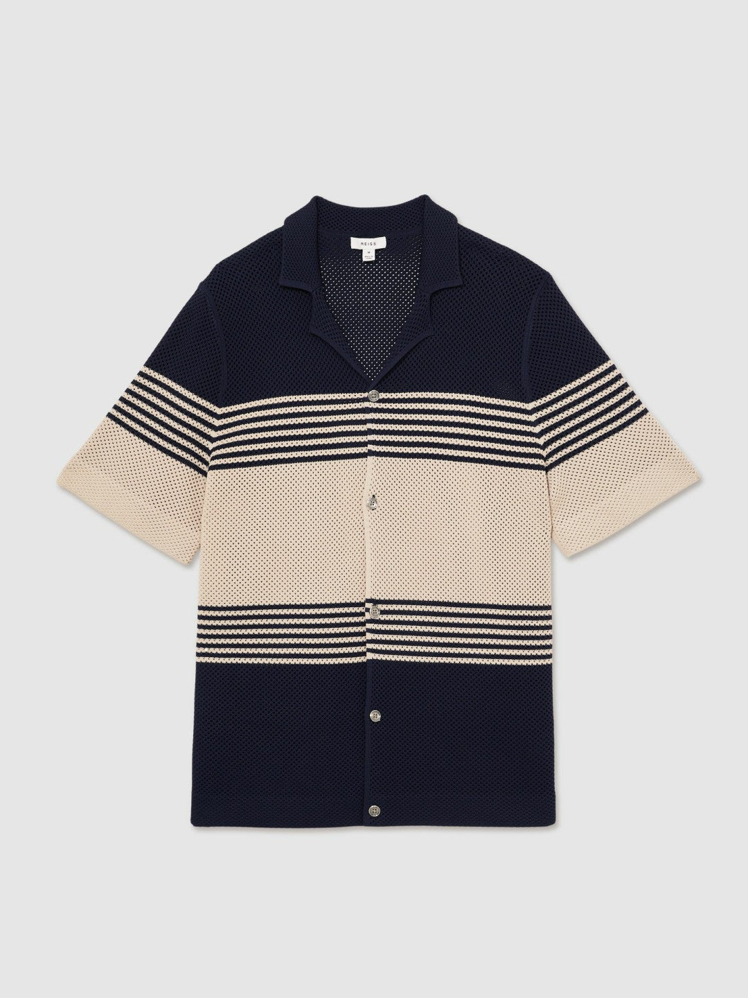 Stripe Textured-Knit Cuban-Collar Shirt in Navy/Stone Men | Reiss