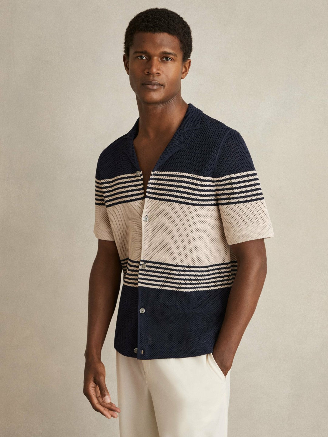 Stripe Textured-Knit Cuban-Collar Shirt in Navy/Stone Men | Reiss