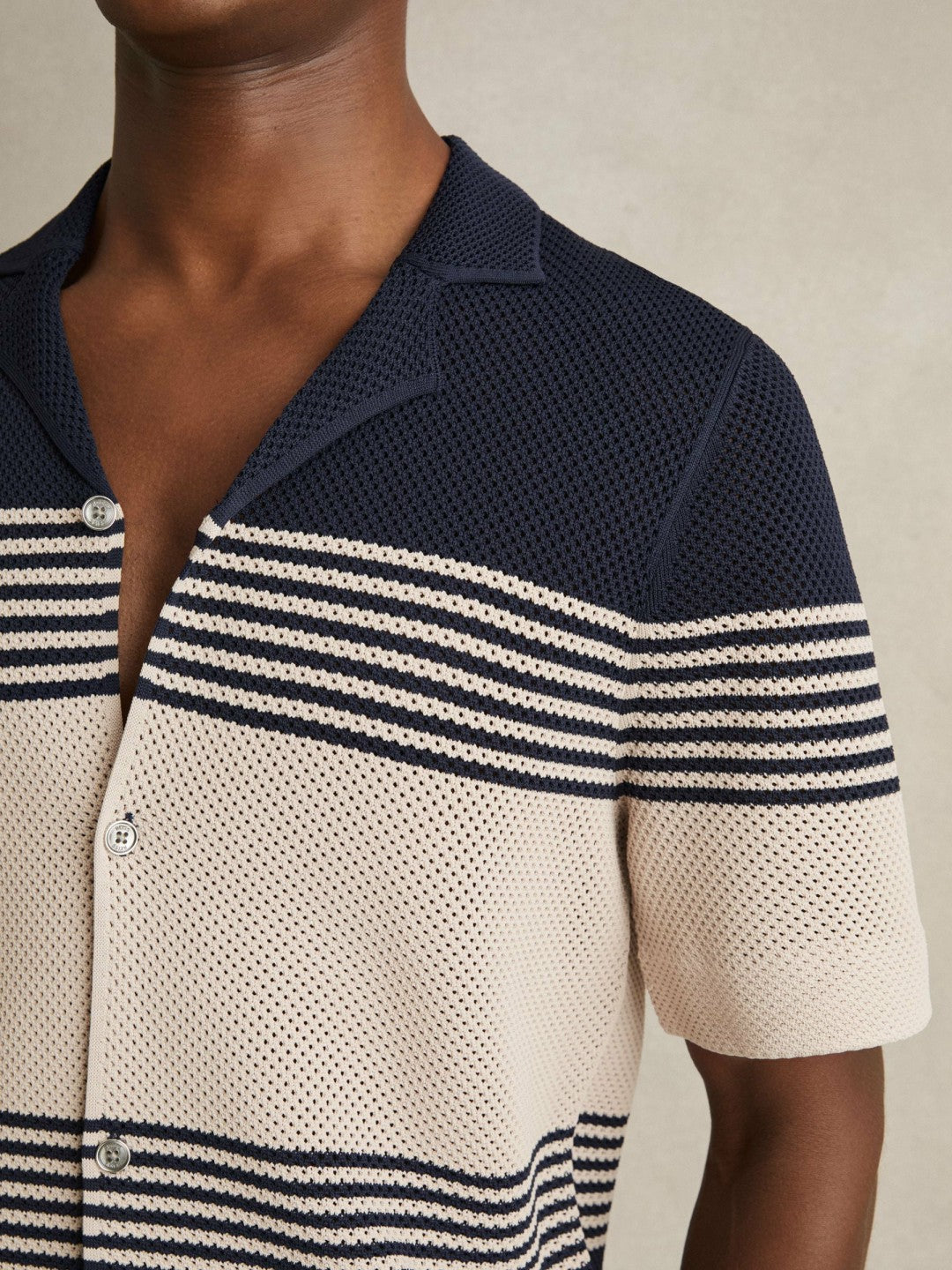 Stripe Textured-Knit Cuban-Collar Shirt in Navy/Stone Men | Reiss