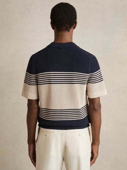 Stripe Textured-Knit Cuban-Collar Shirt in Navy/Stone Men | Reiss