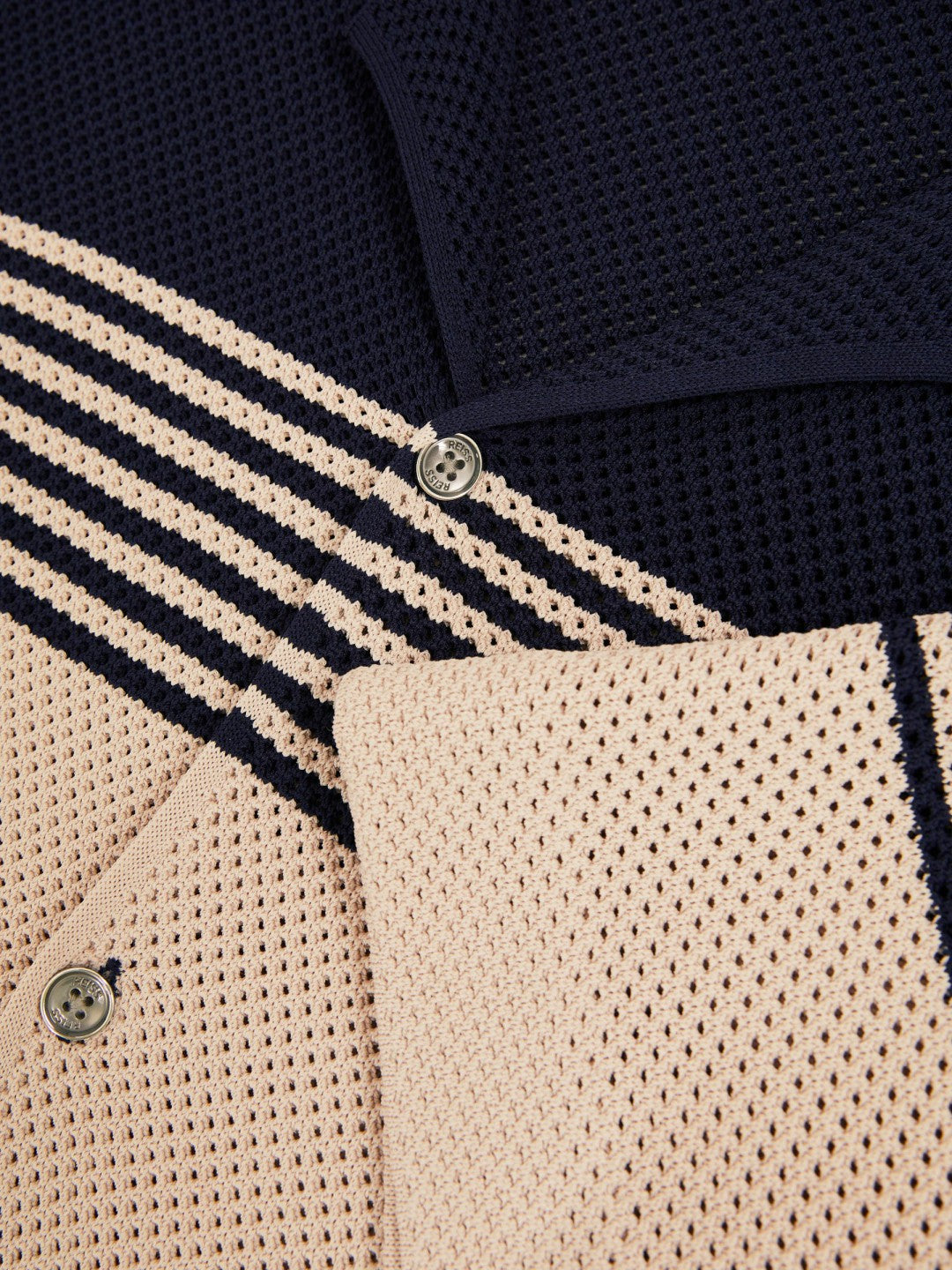 Stripe Textured-Knit Cuban-Collar Shirt in Navy/Stone Men | Reiss