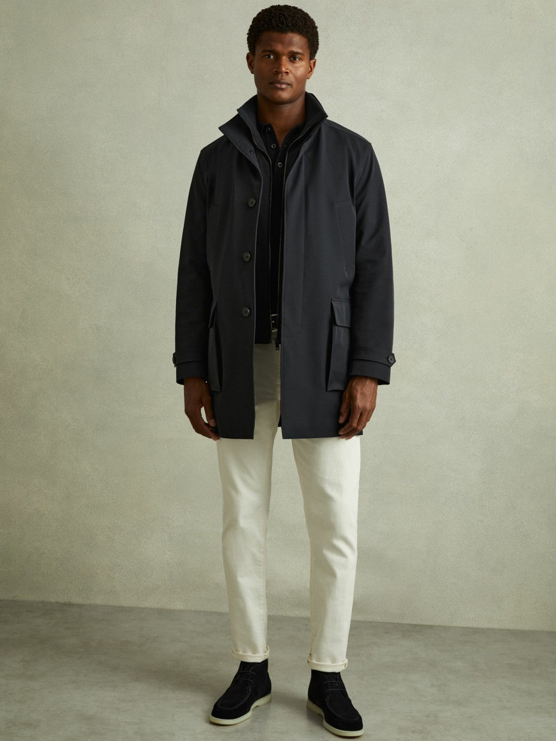 Hybrid Removable Funnel Neck Overcoat in Navy Men | Reiss