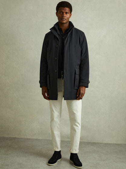 Hybrid Removable Funnel Neck Overcoat in Navy Men | Reiss