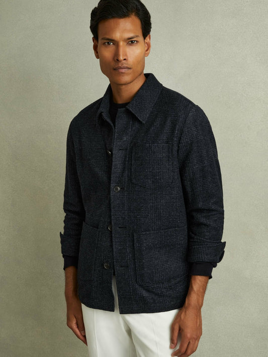 Checked Button Through Worker Jacket in Navy Melange Men | Reiss