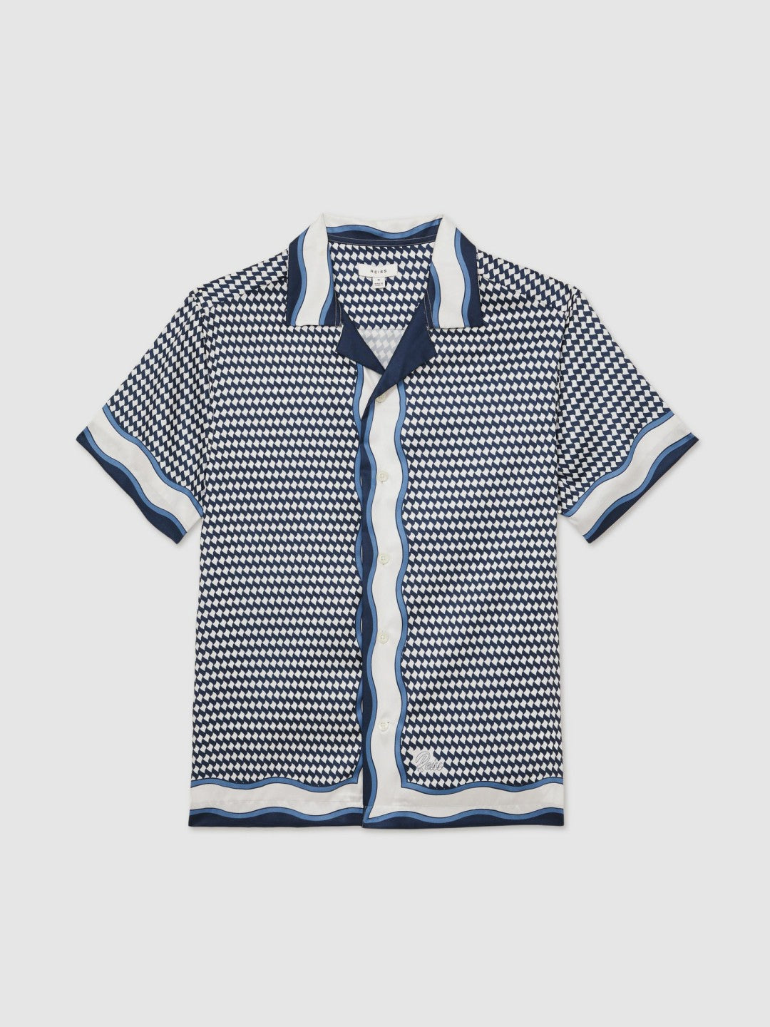 Geometric-Print Cuban-Collar Shirt in White/Navy Men | Reiss